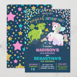 Unicorn en Dragon Birthday Invitation Siblings Kaart