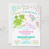 Unicorn en Dragon Birthday Invitation Siblings Kaart (Voorkant)