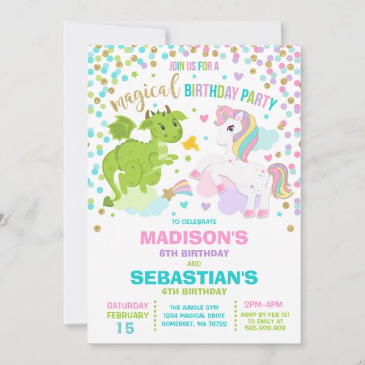 Unicorn en Dragon Birthday Invitation Siblings Kaart (Voorkant)
