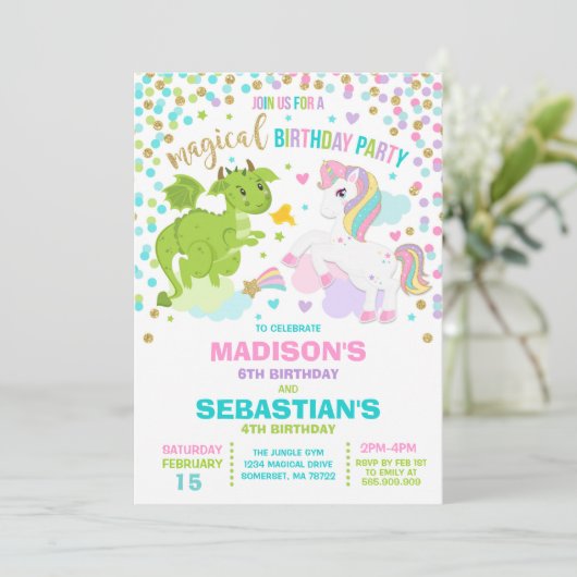 Unicorn en Dragon Birthday Invitation Siblings Kaart (Staand voorkant)