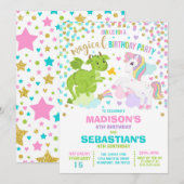 Unicorn en Dragon Birthday Invitation Siblings Kaart (Voorkant / Achterkant)