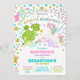 Unicorn en Dragon Birthday Invitation Siblings Kaart