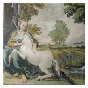 Unicorn en een jonge vrouw (van Domenichino) Tegeltje