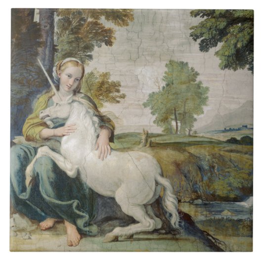 Unicorn en een jonge vrouw (van Domenichino) Tegeltje (Voorkant)