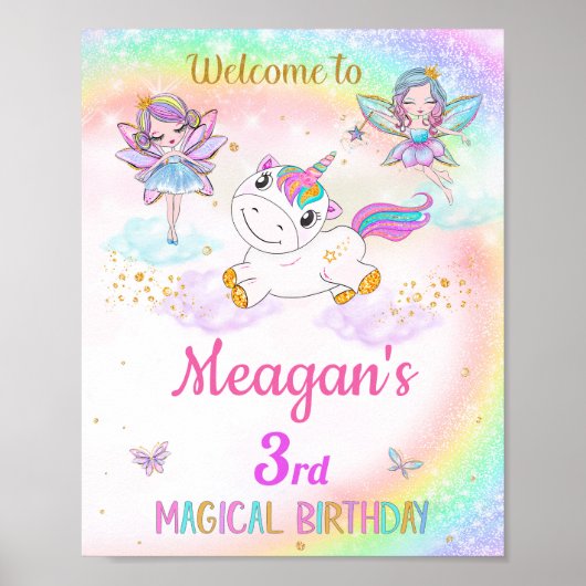 Unicorn en Fairies welkom partijteken Magic party Poster (Voorkant)