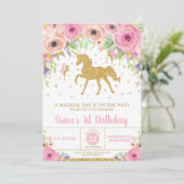 Unicorn en Fairy Birthday Invitation Pink Floral Kaart (Staand voorkant)