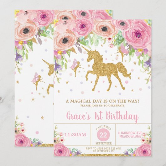 Unicorn en Fairy Birthday Invitation Pink Floral Kaart (Voorkant / Achterkant)