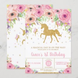 Unicorn en Fairy Birthday Invitation Pink Floral Kaart