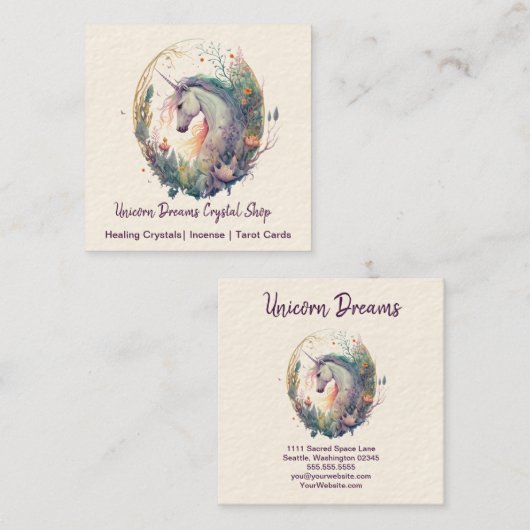 Unicorn en Flowers Square Visitekaartje (Voorkant / Achterkant)