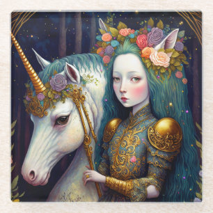 Unicorn en Lady Fantasy Art Glazen Onderzetter