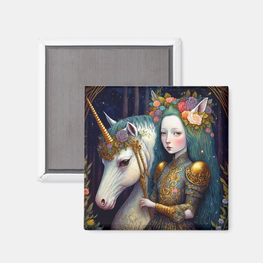 Unicorn en Lady Fantasy Art Magneet (Voorkant / Achterkant)