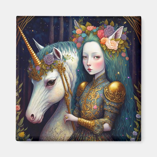 Unicorn en Lady Fantasy Art Magneet (Voorkant)