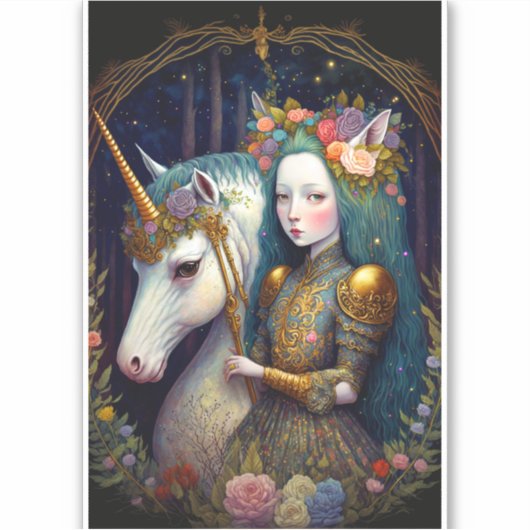 Unicorn en Lady Fantasy Art Sticker (Voorkant)