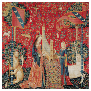 UNICORN EN LADY PLAYING ORGAN Red Green Floral Stof