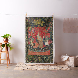 UNICORN EN LADY PLAYING ORGAN Red Green Floral Stof