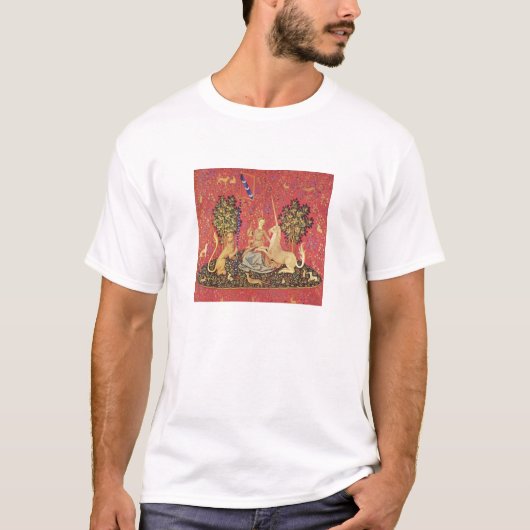 Unicorn en Maiden Medieval Tapestry Afbeelding T-shirt (Voorkant)