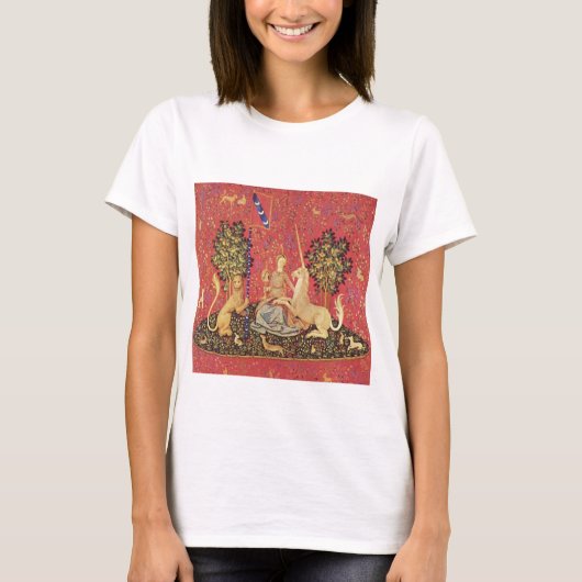 Unicorn en Maiden Medieval Tapestry Afbeelding T-shirt (Voorkant)