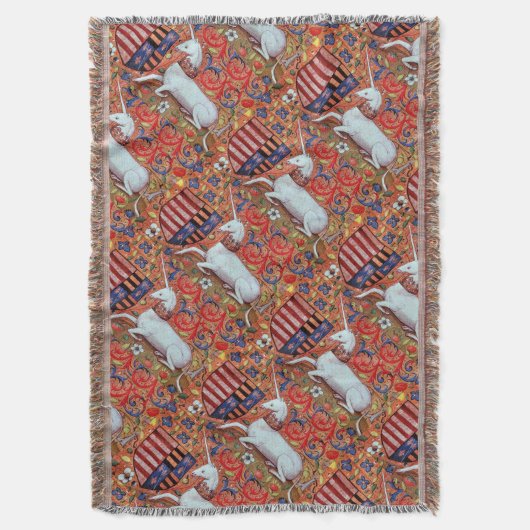 UNICORN EN MEDIEVAL FANTASY FLOWERS, FLORAL MOTIFS DEKEN (Voorkant Verticaal)