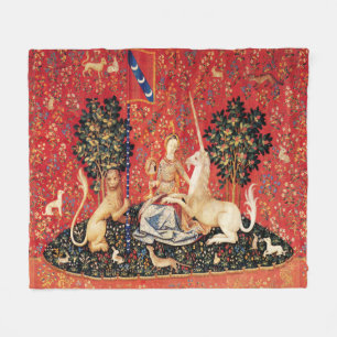 UNICORN EN MEDIEVAL FANTASY FLOWERS, FLORAL MOTIFS FLEECE DEKEN