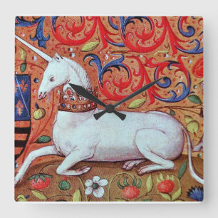 UNICORN EN MEDIEVAL FANTASY FLOWERS, FLORAL MOTIFS VIERKANTE KLOK