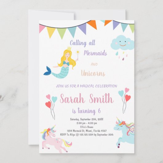 Unicorn en Mermaid Birthday Invitation Kaart (Voorkant)