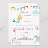 Unicorn en Mermaid Birthday Invitation Kaart (Voorkant / Achterkant)