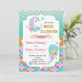 Unicorn en mermaid verjaardagsuitnodiging kaart (Staand voorkant)
