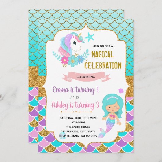 Unicorn en mermaid verjaardagsuitnodiging kaart (Voorkant / Achterkant)