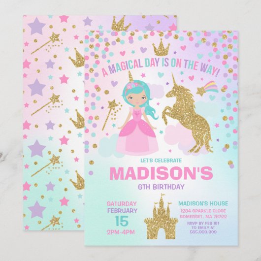 Unicorn en Princess Invitation Magical Birthday Kaart (Voorkant / Achterkant)