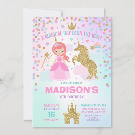 Unicorn en Princess Invitation Magical Birthday Kaart (Voorkant)