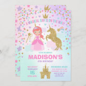 Unicorn en Princess Invitation Magical Birthday Kaart (Voorkant / Achterkant)
