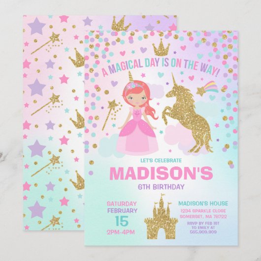 Unicorn en Princess Invitation Magical Birthday Kaart (Voorkant / Achterkant)