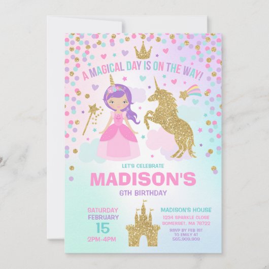 Unicorn en Princess Invitation Magical Birthday Kaart (Voorkant)