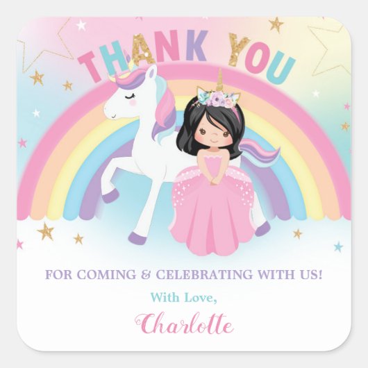 Unicorn en prinses Birthday Dank je wel Vierkante Sticker (Voorkant)