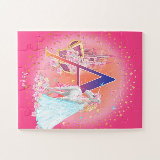 Unicorn en Prinses met Castle Letter A Monogram Legpuzzel (Horizontaal)