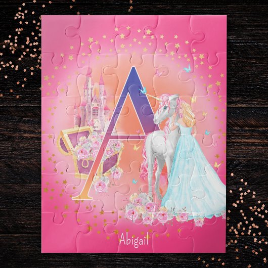 Unicorn en Prinses met Castle Letter A Monogram Legpuzzel