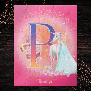 Unicorn en prinses met Castle Letter B Monogram Legpuzzel