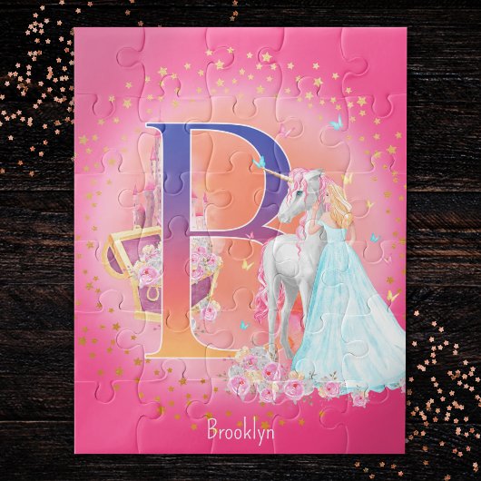 Unicorn en prinses met Castle Letter B Monogram Legpuzzel