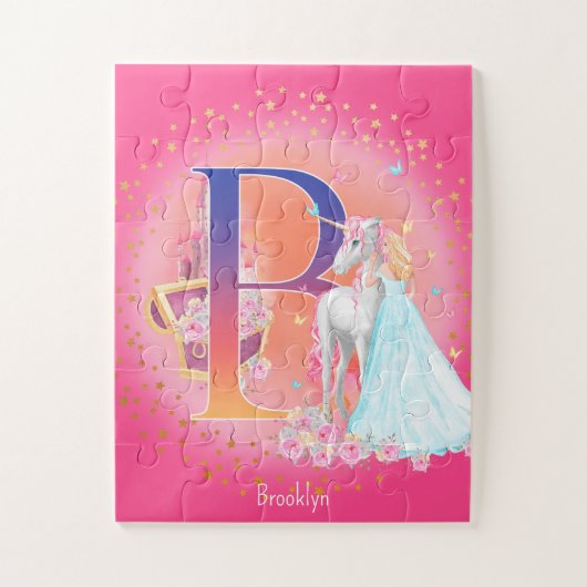 Unicorn en prinses met Castle Letter B Monogram Legpuzzel (Verticaal)