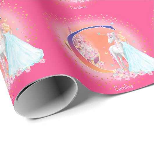 Unicorn en Prinses met Castle Letter C Monogram Cadeaupapier (Rol Hoek)