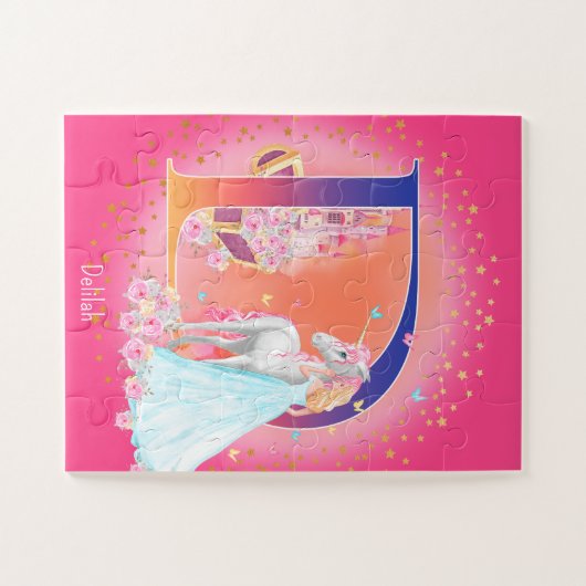 Unicorn en Prinses met Castle Letter D Monogram Legpuzzel (Horizontaal)