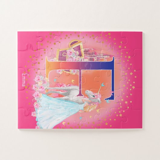 Unicorn en Prinses met Castle Letter E Monogram Legpuzzel (Horizontaal)