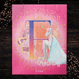 Unicorn en Prinses met Castle Letter E Monogram Legpuzzel