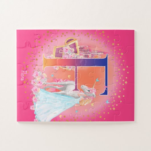Unicorn en prinses met Castle Letter F Monogram Legpuzzel (Horizontaal)