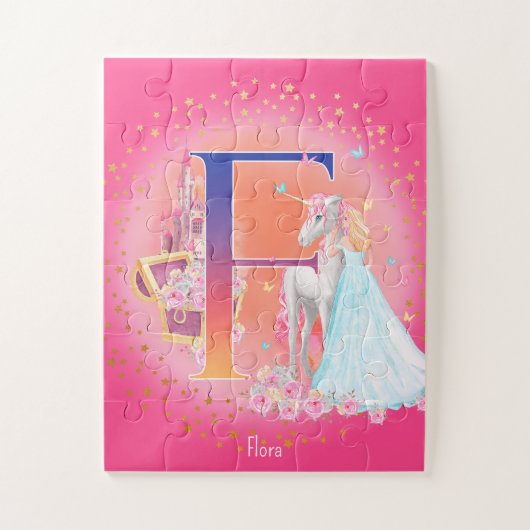 Unicorn en prinses met Castle Letter F Monogram Legpuzzel (Verticaal)