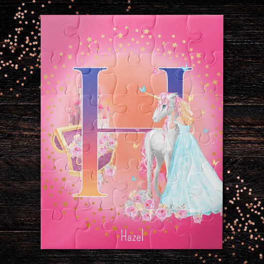 Unicorn en prinses met Castle Letter H Monogram Legpuzzel