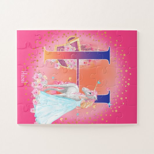 Unicorn en prinses met Castle Letter H Monogram Legpuzzel (Horizontaal)