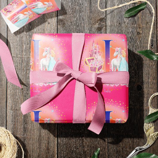 Unicorn en prinses met Castle Letter I Monogram Cadeaupapier