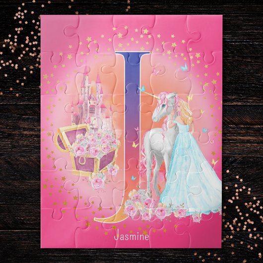 Unicorn en Prinses met Castle Letter J Monogram Legpuzzel