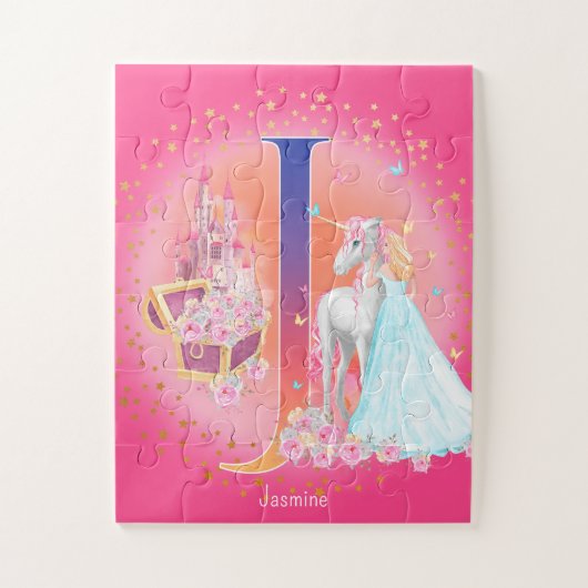 Unicorn en Prinses met Castle Letter J Monogram Legpuzzel (Verticaal)